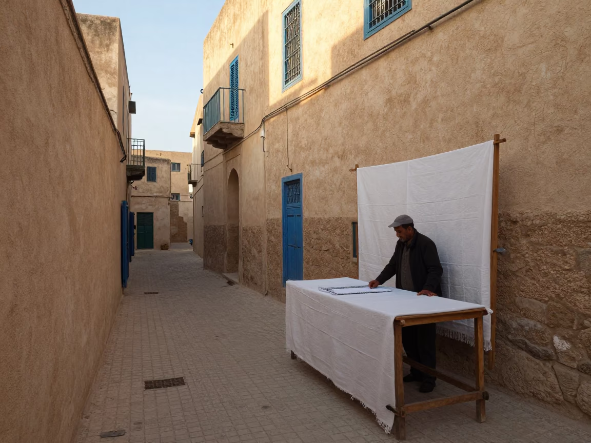 Morning light on Tunis medina alley with linen textile stall and stone architecture in in Tunis, Tunisia