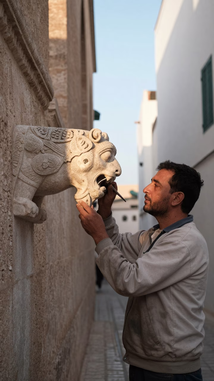 Morning Light on Tunis Medina Stonemason Carving Gargoyle Cathedral Scaffold in in Tunis, Tunisia