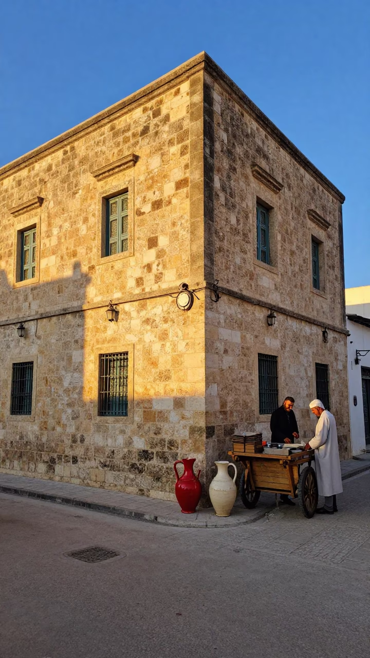 Morning Light on Tunis Medina Street with Ceramic Pitcher and Stone Architecture in in Tunis, Tunisia