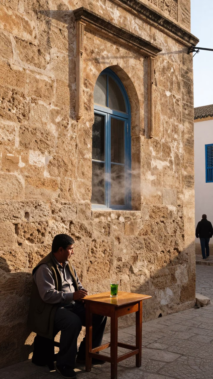Morning light on Tunis medina street with steamed window and traditional breakfast in in Tunis, Tunisia