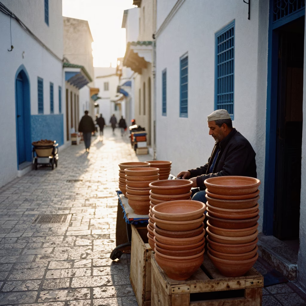 Morning Light on Tunis Medina Street with Terracotta Bowls and Canvas in in Tunis, Tunisia