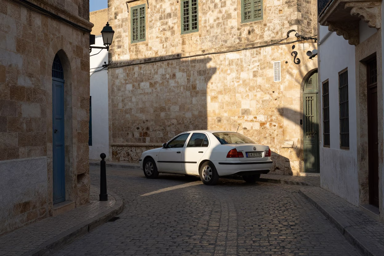 Morning Light on Tunis Medina Street with White Car and Stone Architecture in in Tunis, Tunisia