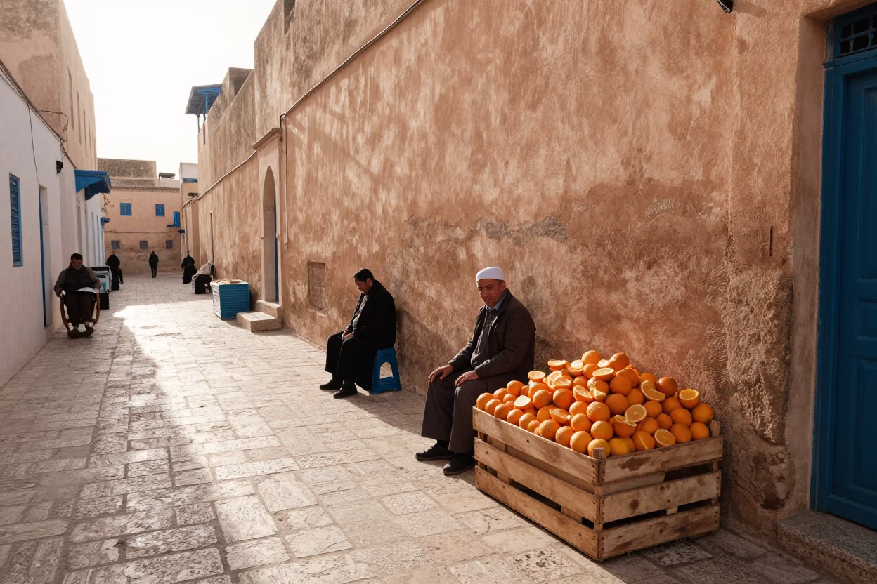 Morning light on Tunis medina streets with local vendors and traditional architecture in in Tunis, Tunisia