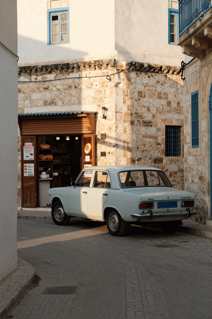 Morning light on Tunis Medina streets with vintage car and traditional bakery in in Tunis, Tunisia