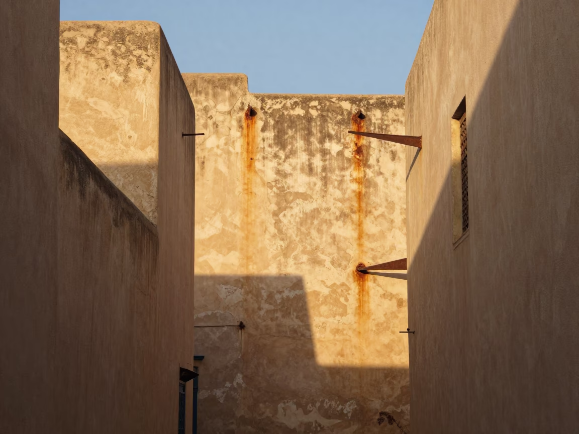 Morning light on Tunis medina weathered plaster walls and brass hardware in in Tunis, Tunisia