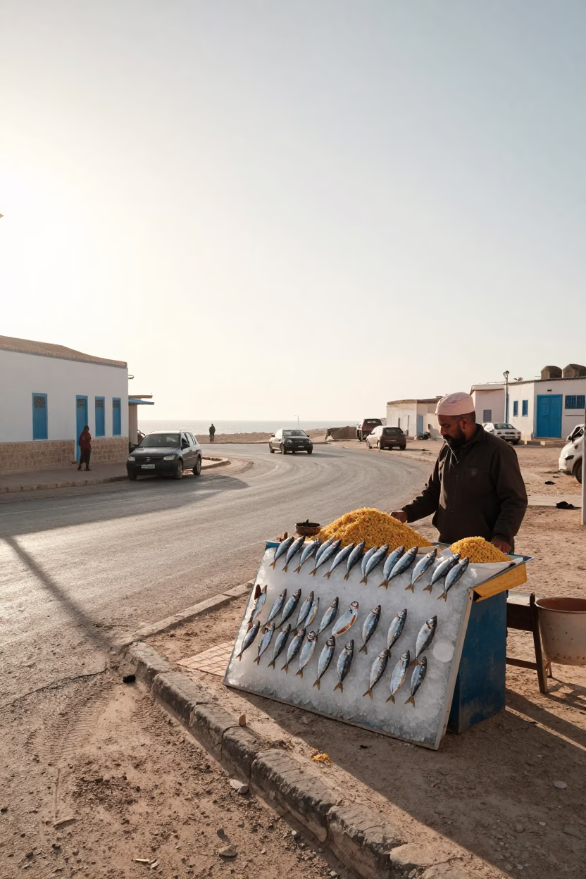 Morning Light on Tunis Street Corner with Saffron Rice and Sardines in in Tunis, Tunisia