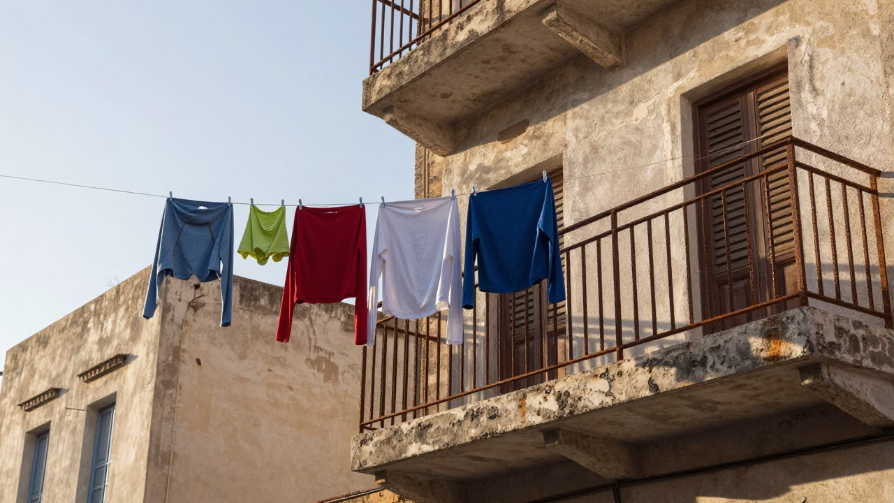 Morning light on Tunis street with clothesline and casual daily life in in Tunis, Tunisia