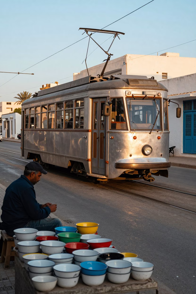 Morning Light on Tunisian Street with Tram and Market Goods in Tunisia in in Tunis, Tunisia