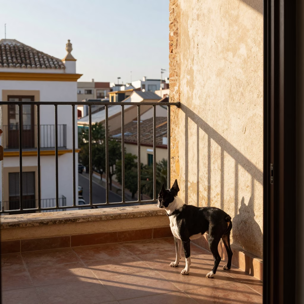 Morning light on Valencia balcony with Boston Terrier and leaf shadows in in Valencia, Spain