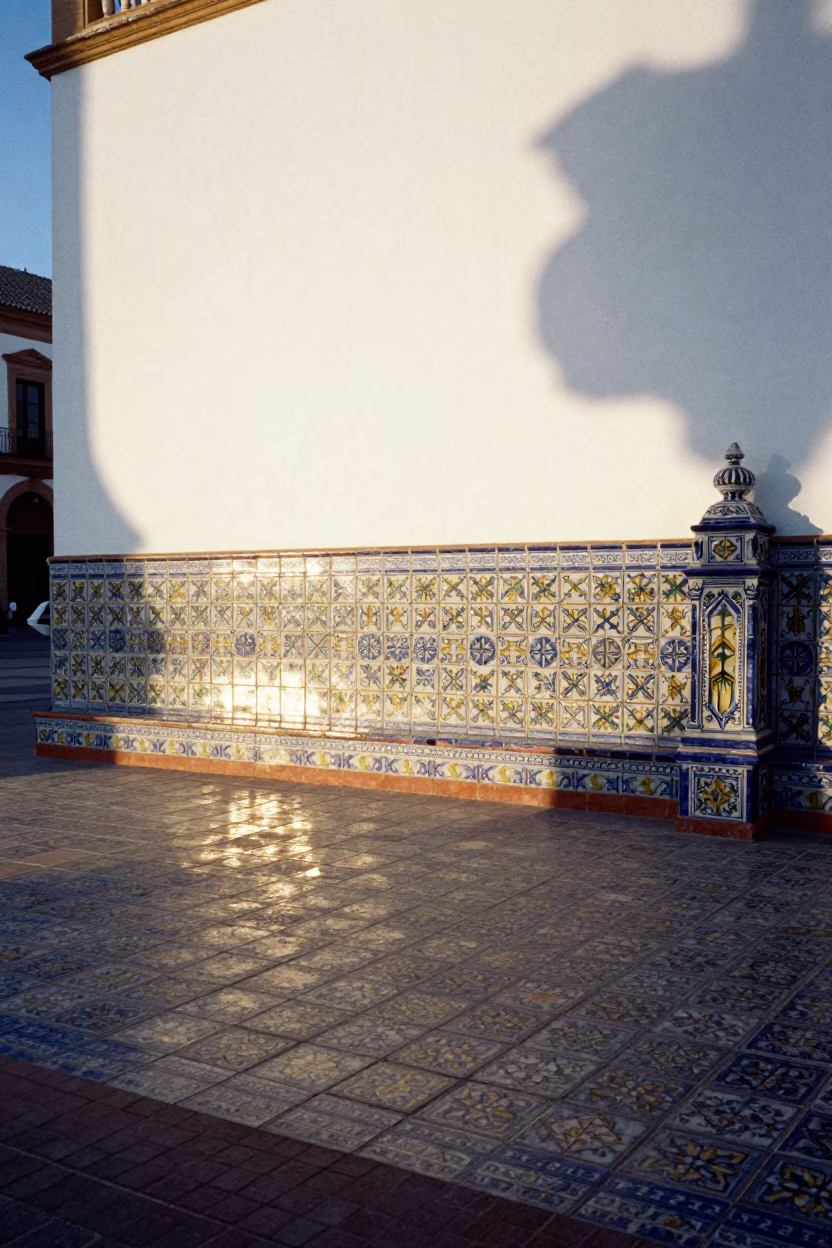 Morning Light on Valencia Ceramic Plaza with Tile Grout and Traditional Bench in in Valencia, Spain