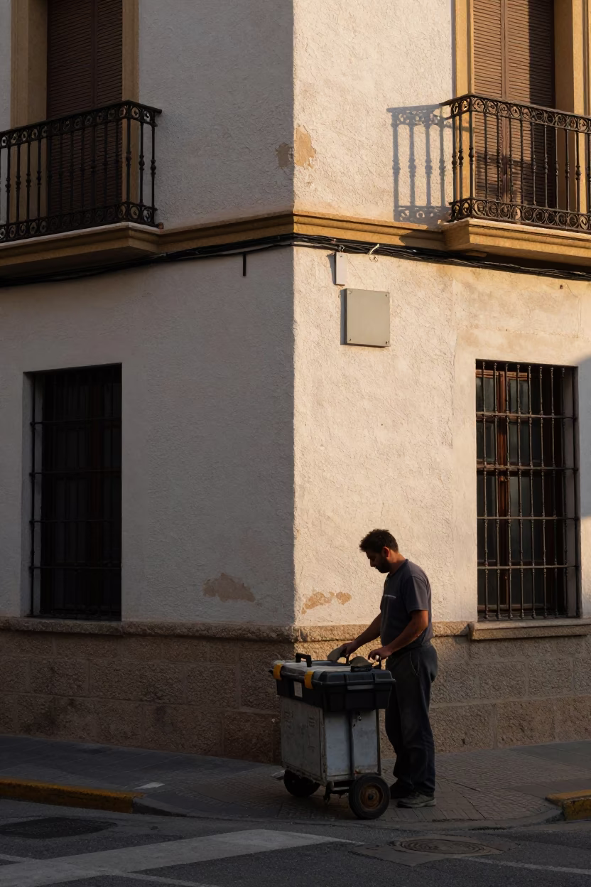 Morning light on Valencia street corner with toolbox and blue and white porcelain plate in in Valencia, Spain