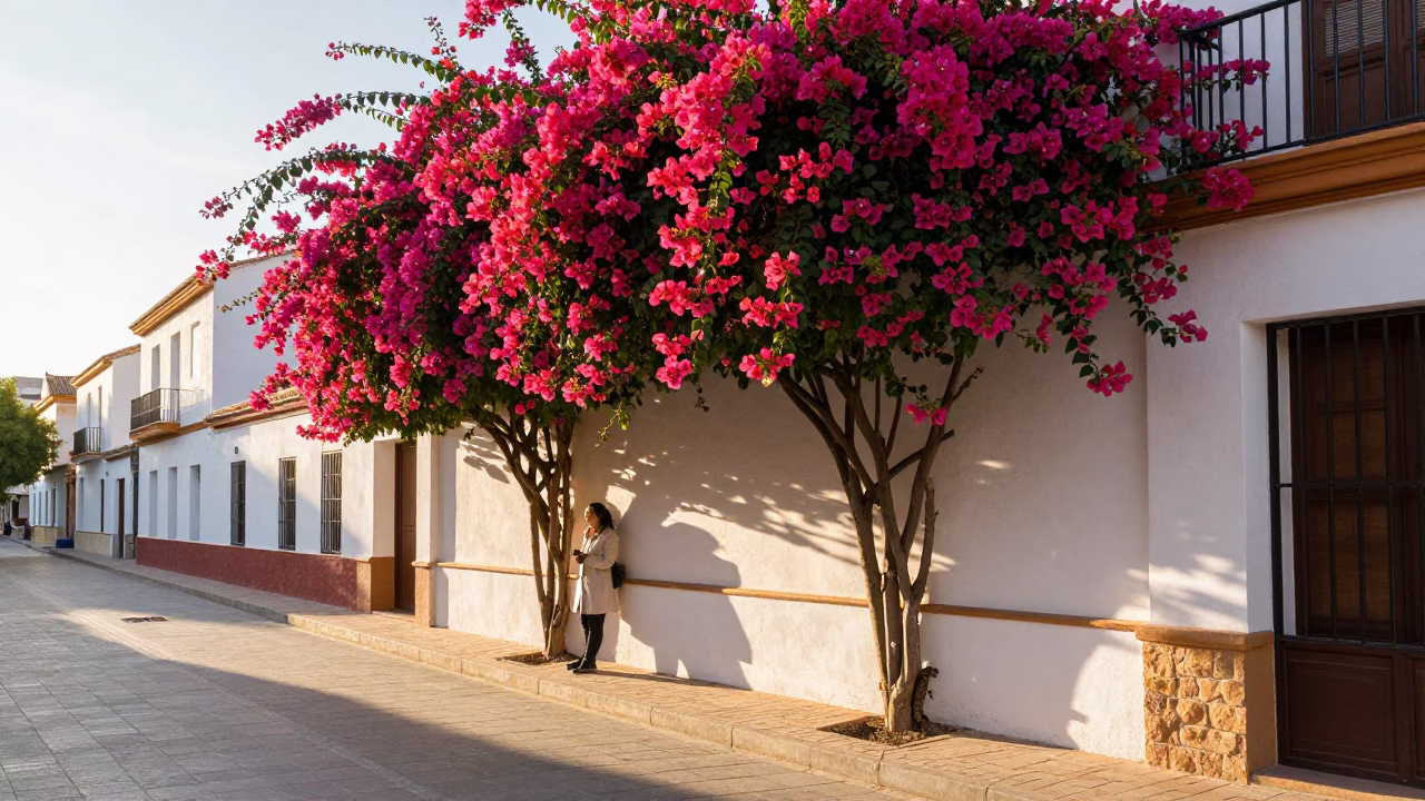 Morning Light on Valencia Street with Bougainvillea and Local Life in in Valencia, Spain