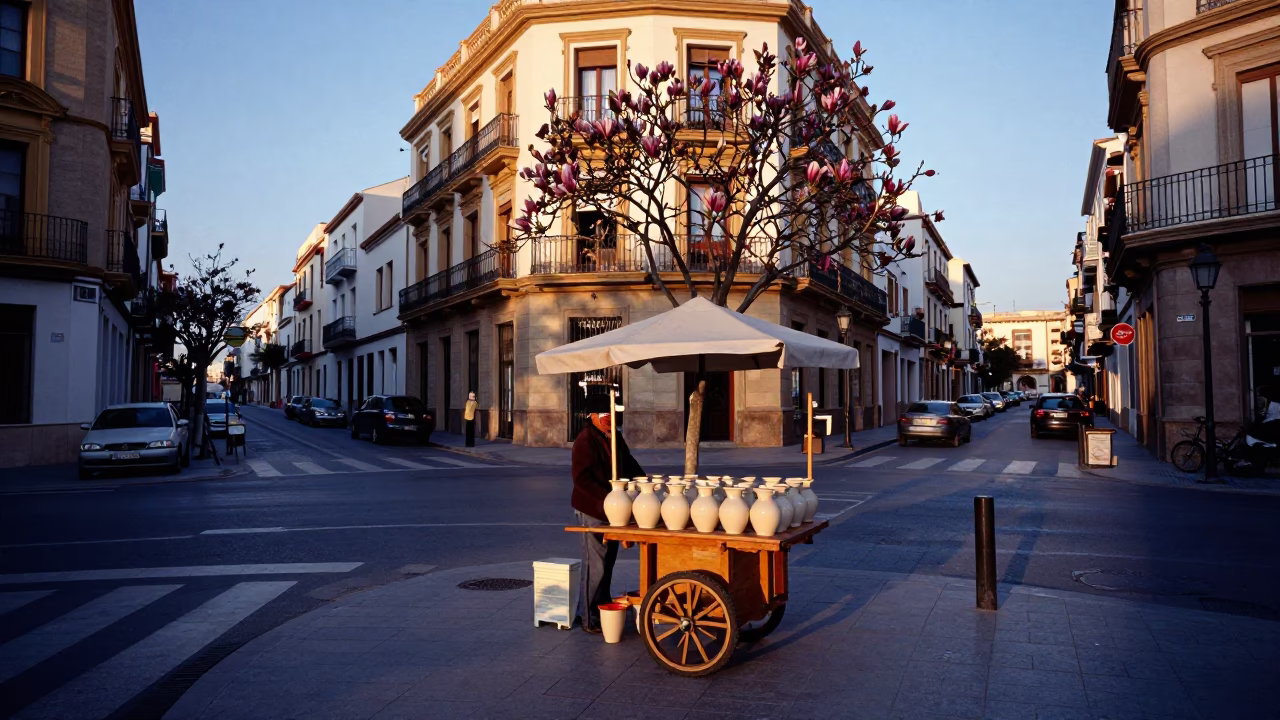 Morning Light on Valencia Street with Carafe and Magnolia Bloom in in Valencia, Spain