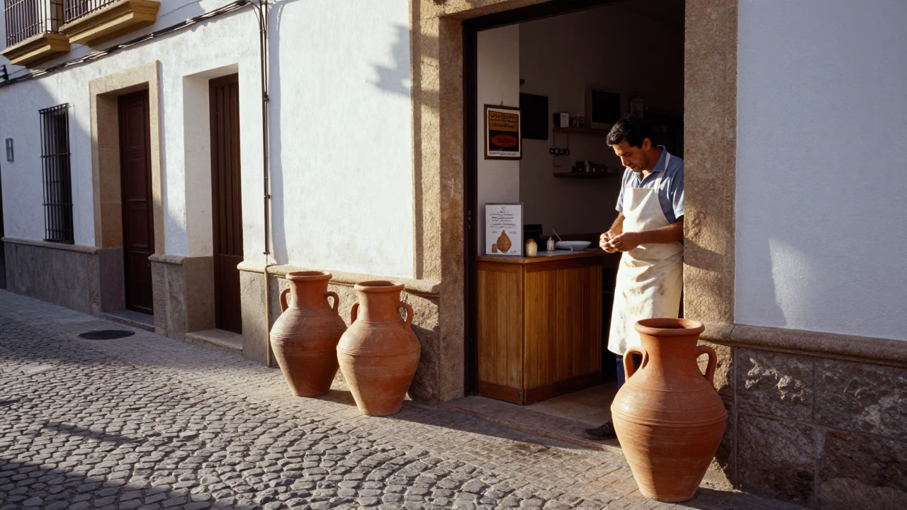 Morning Light on Valencia Street with Clay Pots and Aprons Outside Local Shop in in Valencia, Spain