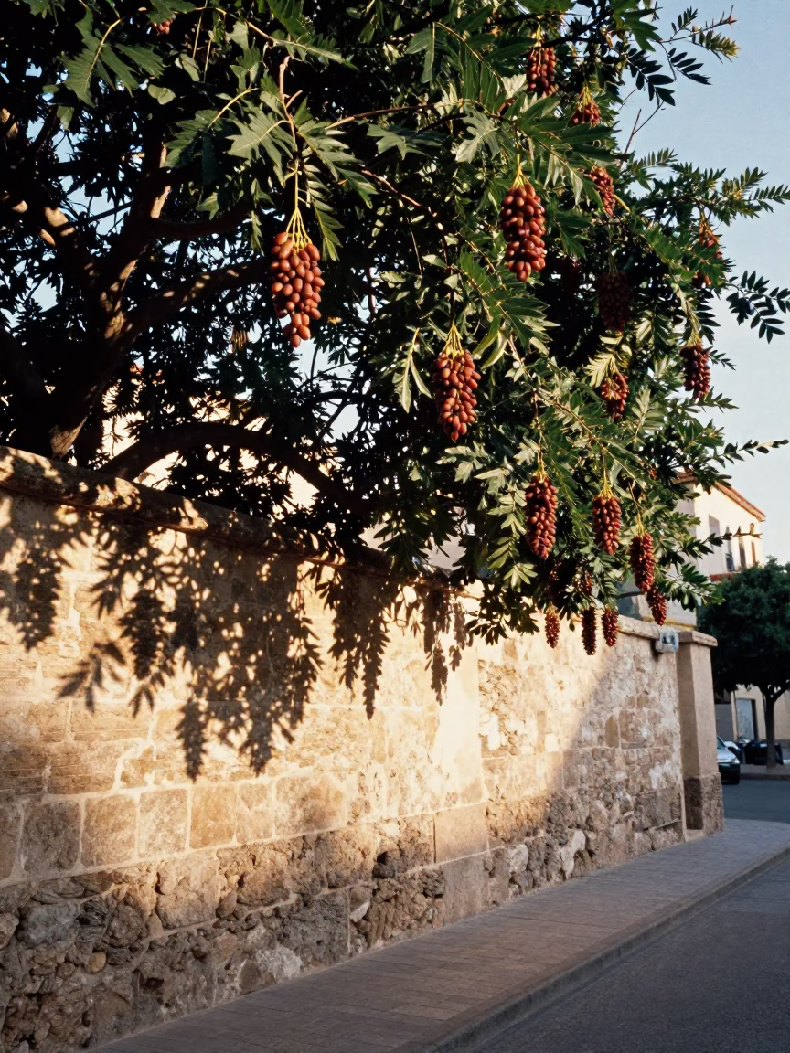 Morning light on Valencia street with hanging dates and traditional architecture in in Valencia, Spain