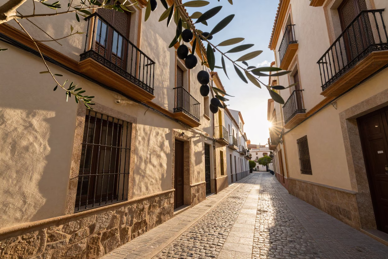 Morning light on Valencia street with olive branch and ceramic tile details in in Valencia, Spain