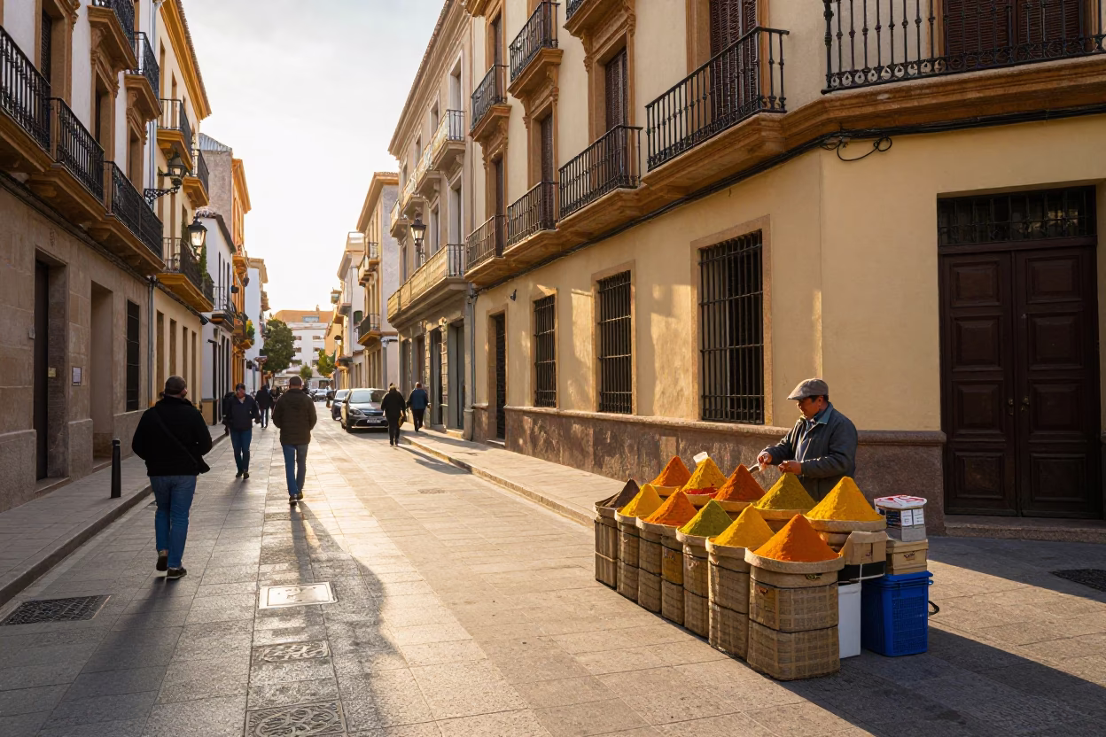 Morning Light on Valencia Street with Saffron and Italian Cuisine in in Valencia, Spain