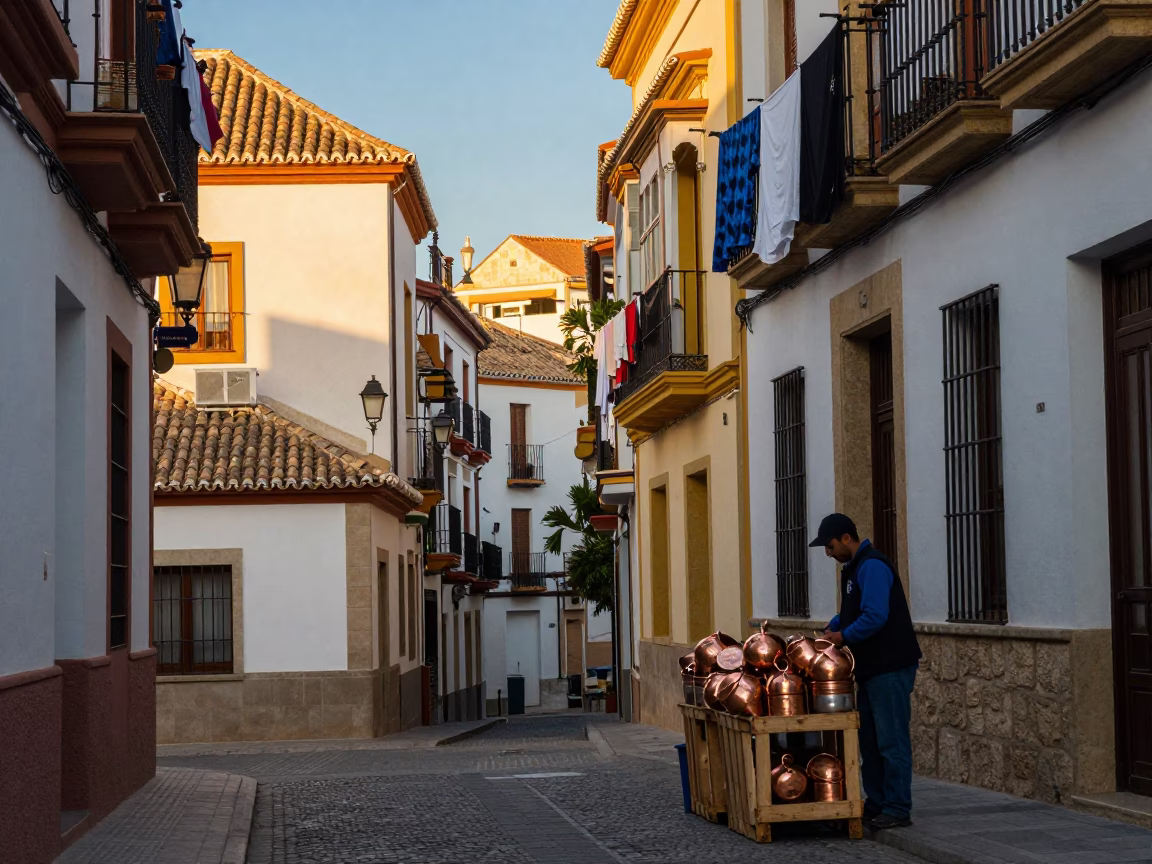 Morning light on Valencia streets with copper pots and ceramic canisters in in Valencia, Spain