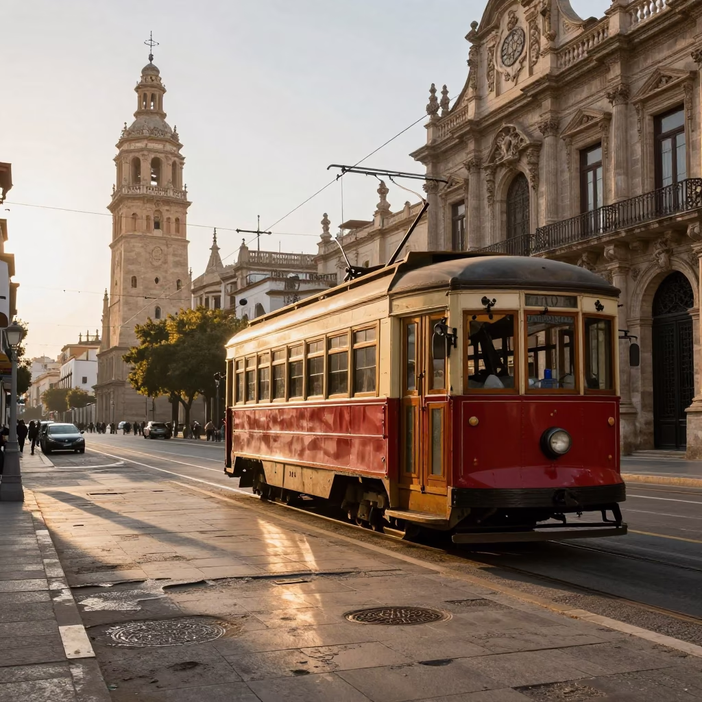 Morning Light on Valencia Tramcar and Bell Tower with Market Vendors in in Valencia, Spain