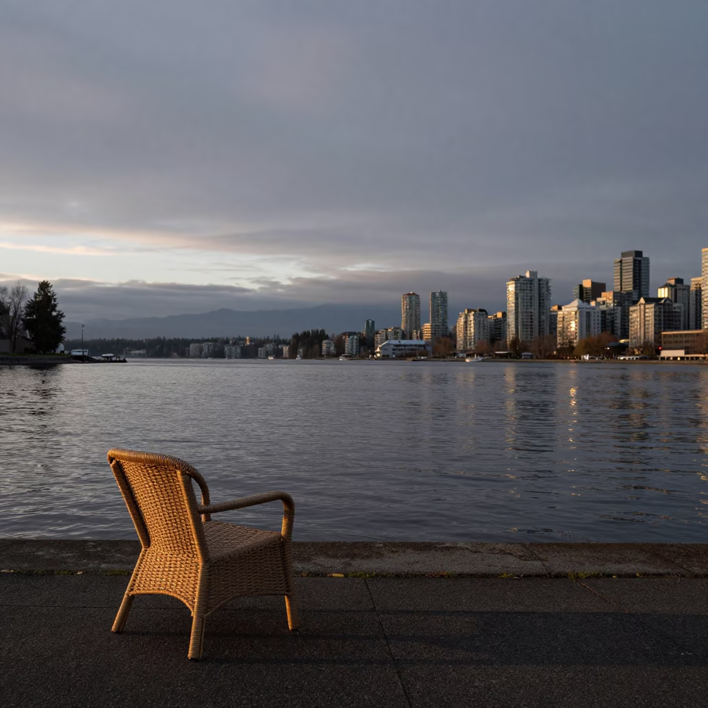 Morning Light on Vancouver Waterfront Seawall with Rattan Chair and Sketchbook in in Vancouver, British Columbia, Canada