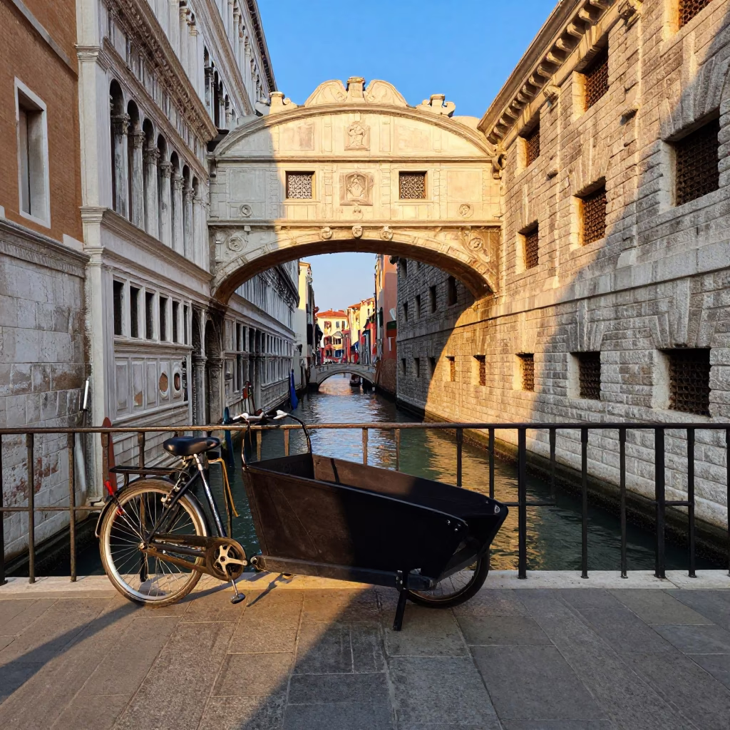 Morning Light on Venetian Canal Bridge with Cargo Bicycle and Rusting Ship in in Venice, Italy