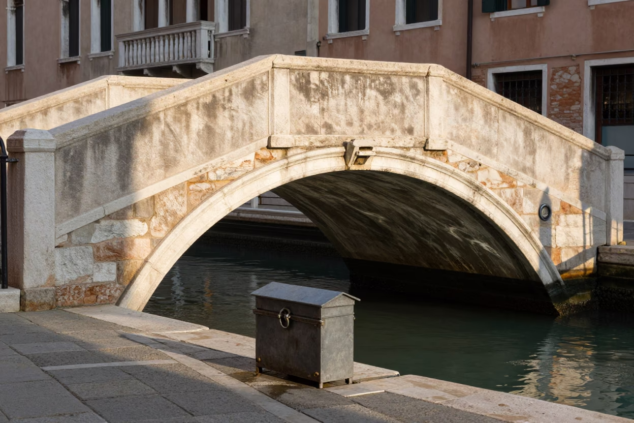Morning Light on Venetian Canal Bridge with Lockbox and Gondola in in Venice, Italy