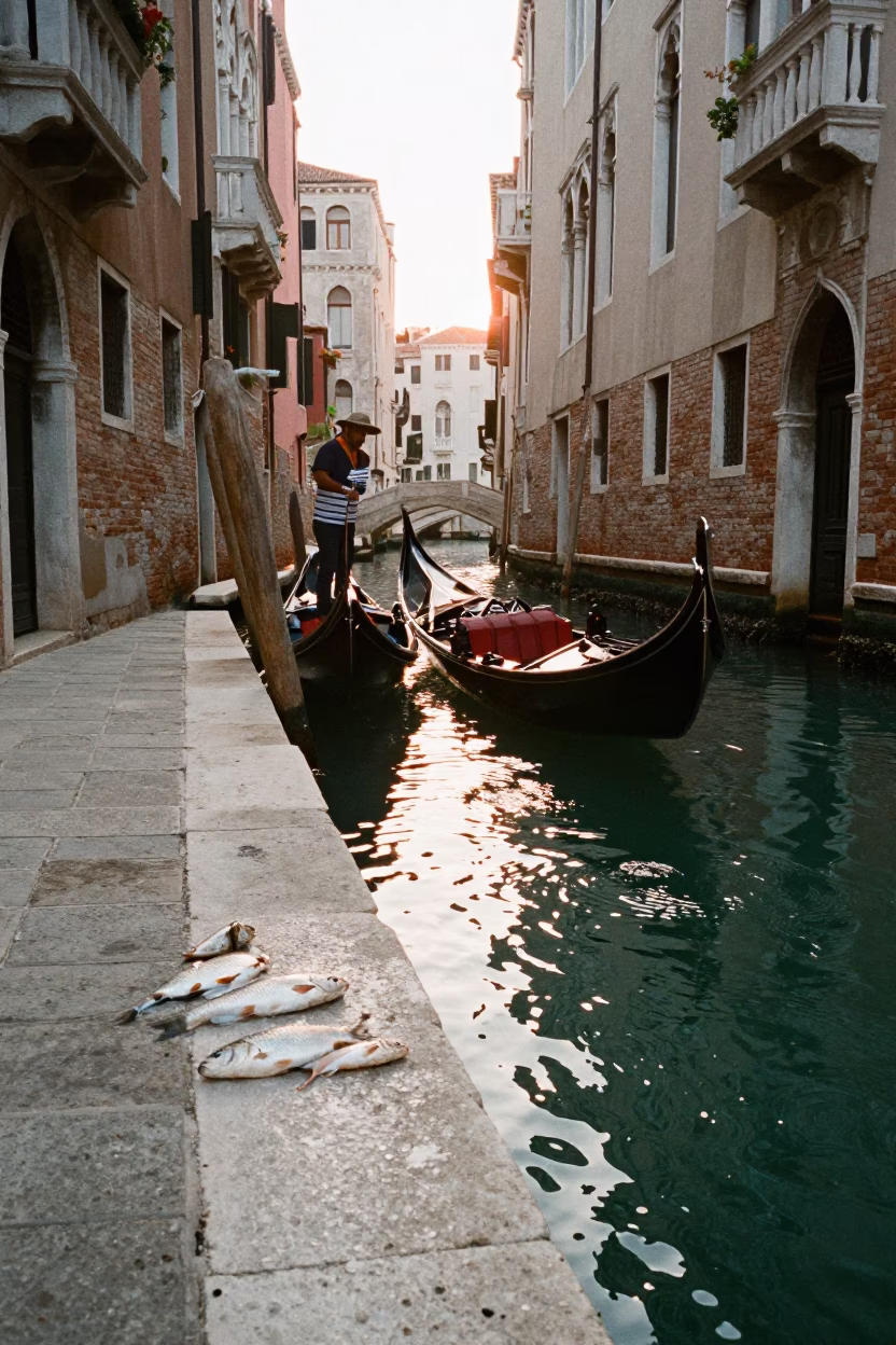 Morning Light on Venetian Canal with Fishmonger and Fresh Pears in in Venice, Italy
