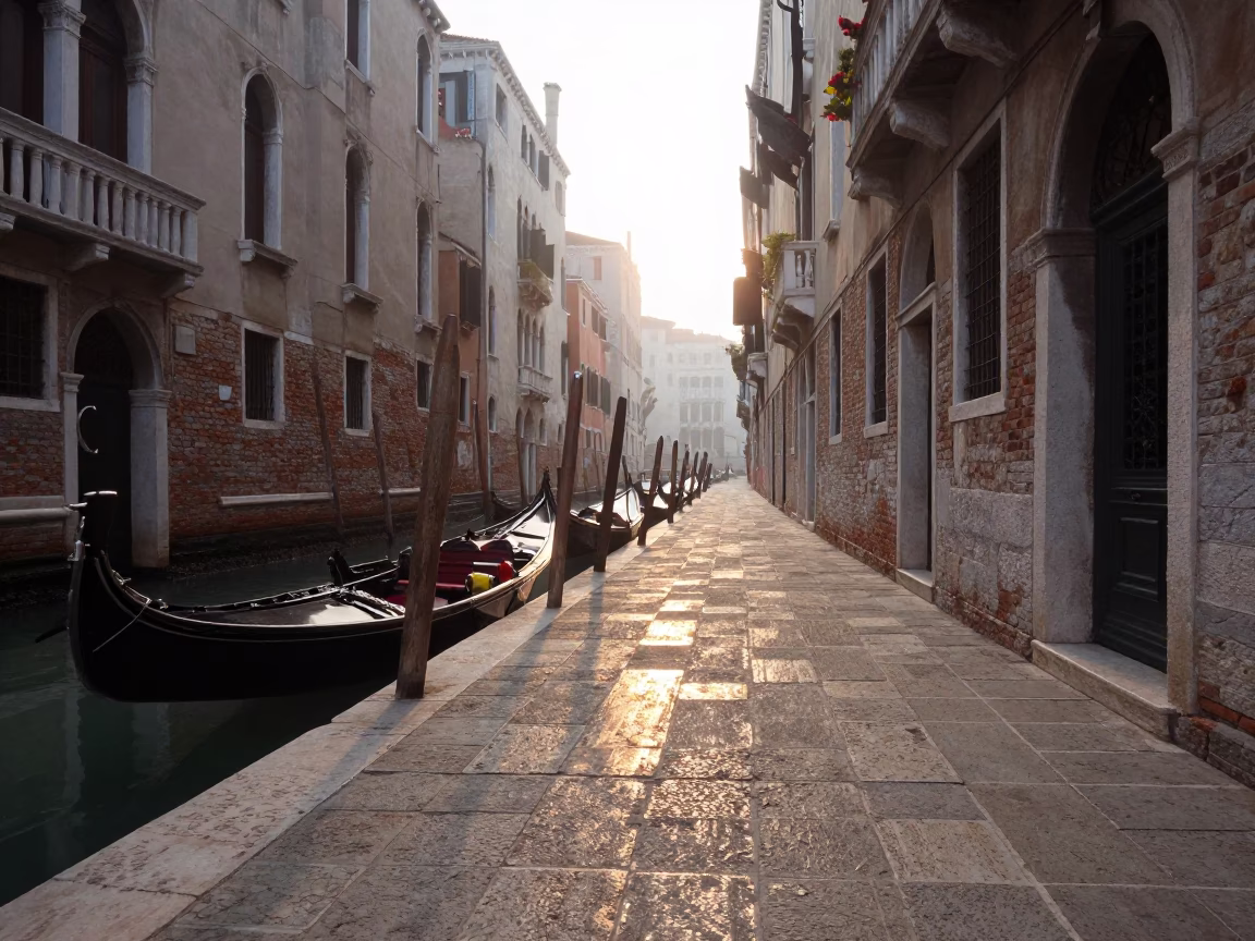 Morning light on Venetian canal with sun stripe across floor tiles in in Venice, Italy