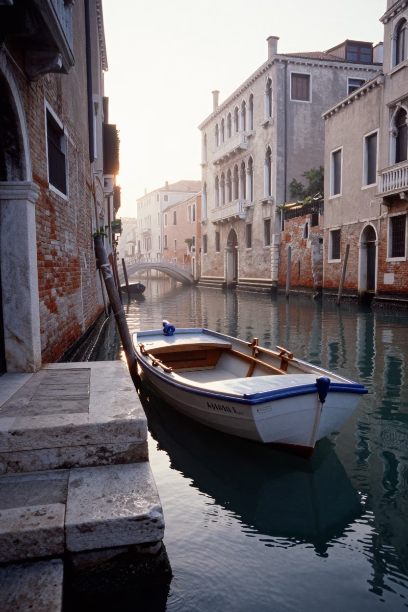 Morning Light on Venice Canal with Blue White Porcelain and Brass Chair in in Venice, Italy