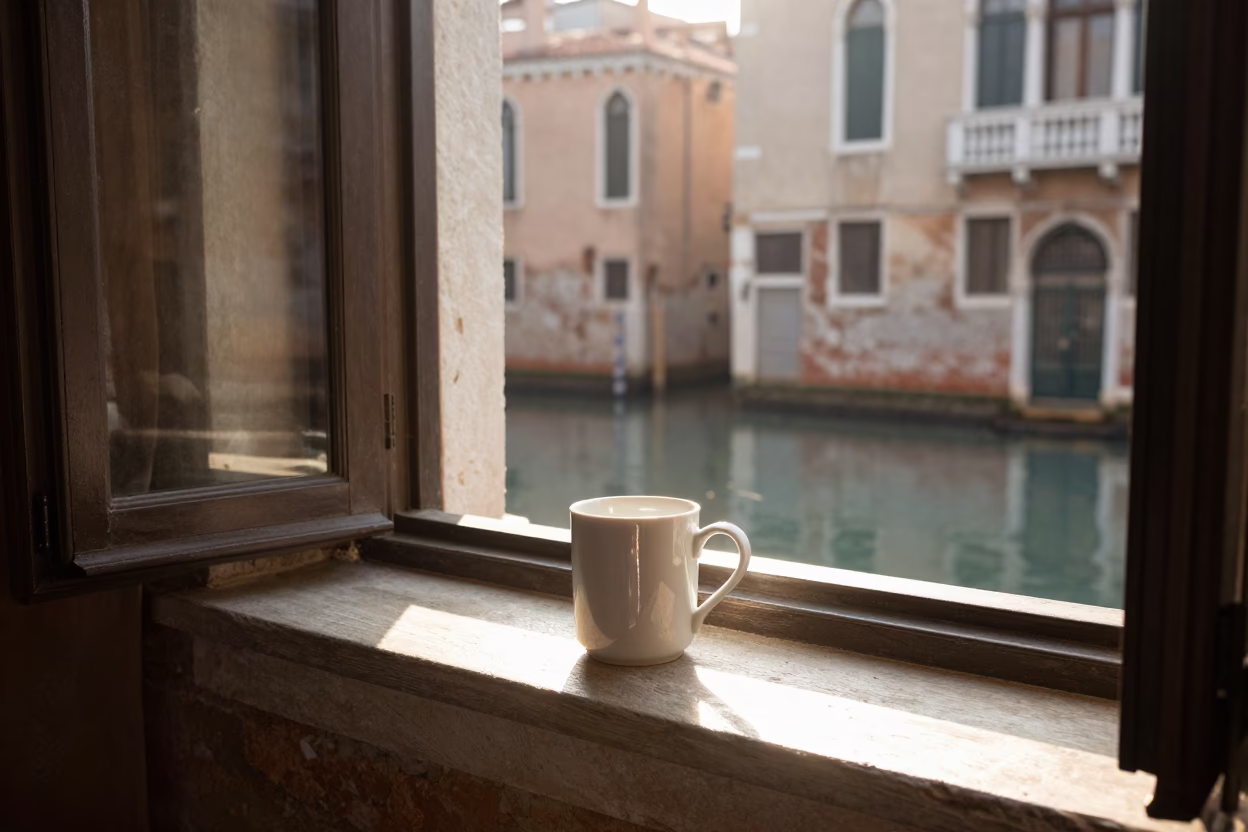 Morning Light on Venice Canal with Ceramic Mug and Model Ship Display in in Venice, Italy