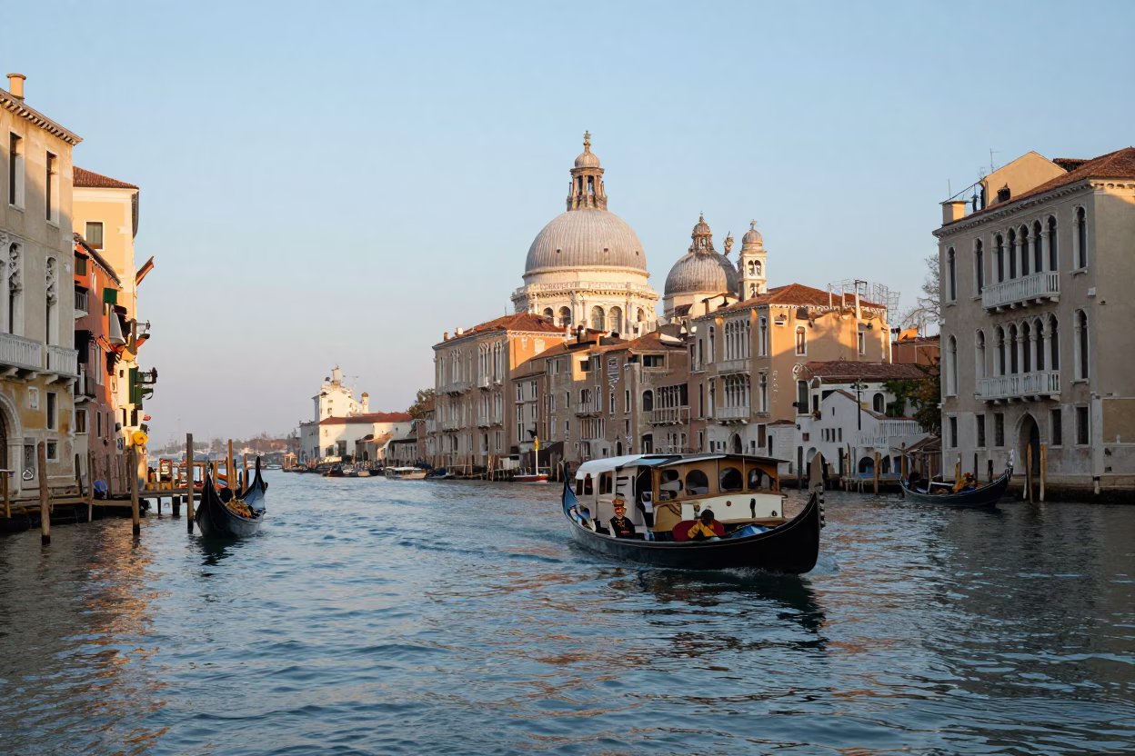 Morning Light on Venice Canal with Gondola and Water Taxi in in Venice, Italy