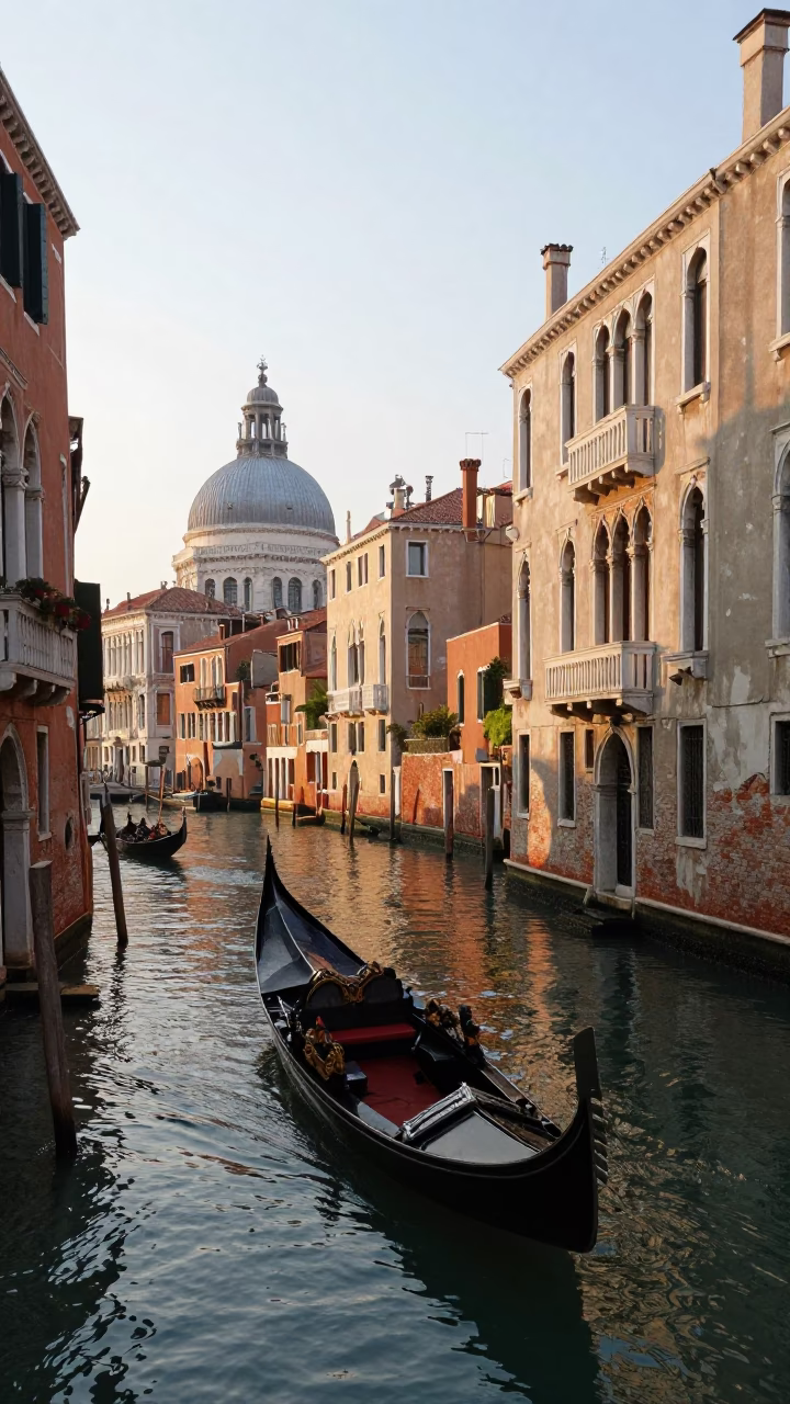 Morning Light on Venice Canals with Gondolas and Historic Architecture in in Venice, Italy
