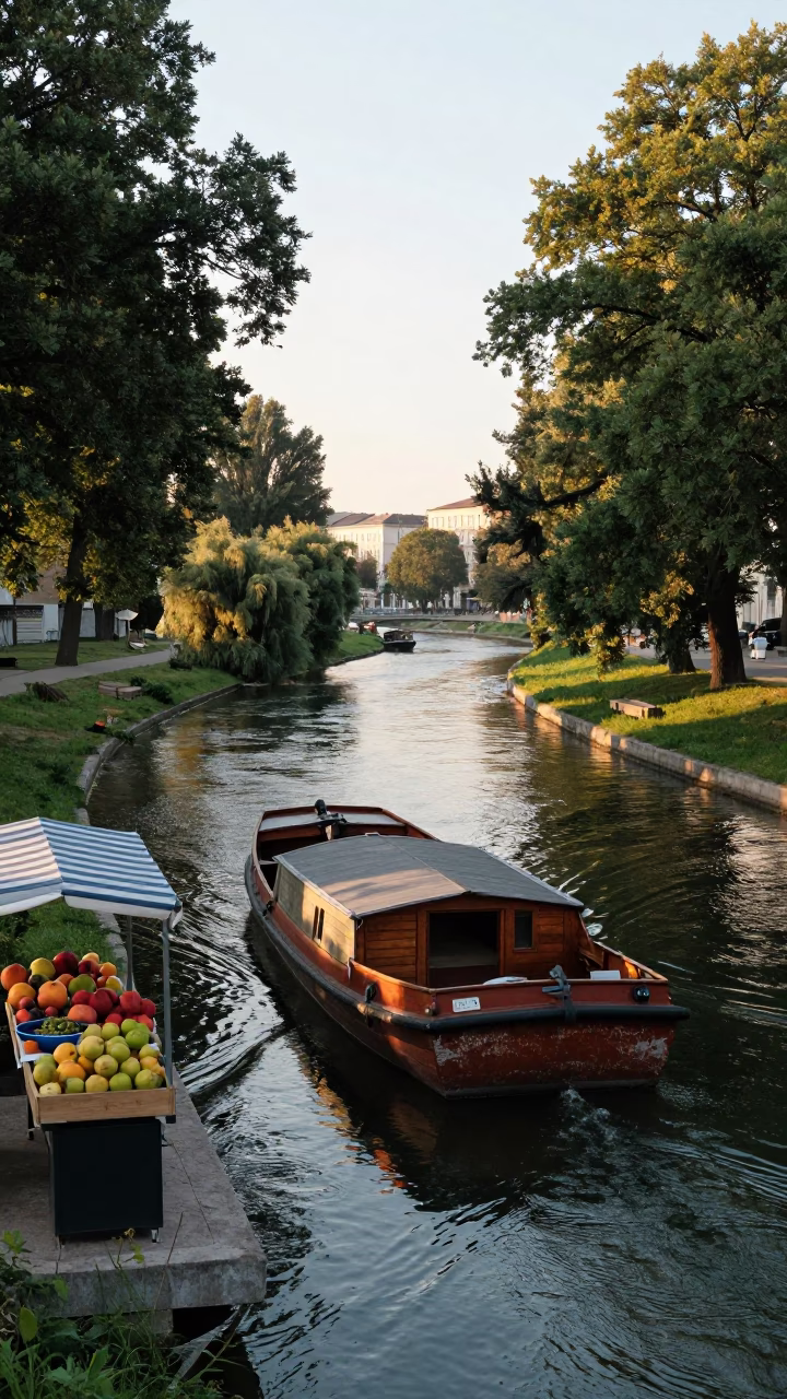 Morning Light on Vienna Canal with Rustic Barge and Fruit Vendor in in Vienna, Austria