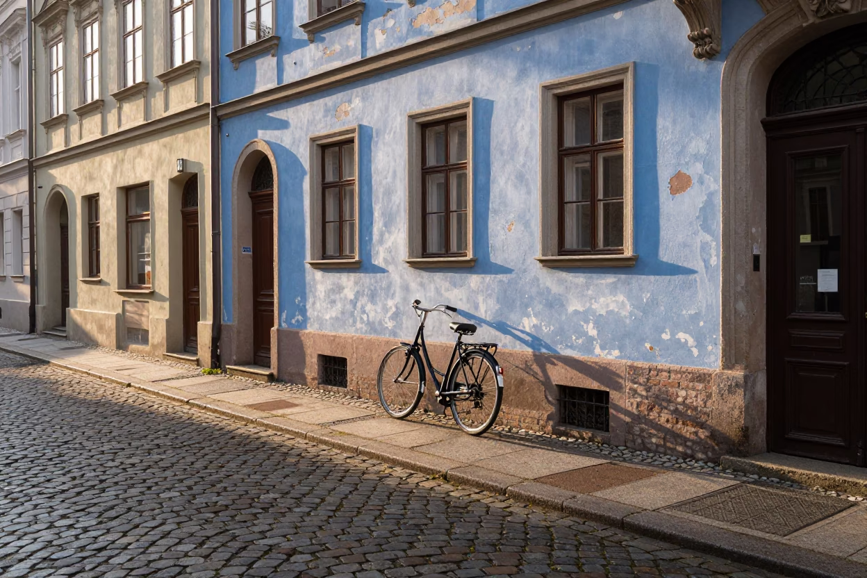 Morning Light on Vienna Cobblestone Street with Bicycle and Bakery Latch in in Vienna, Austria