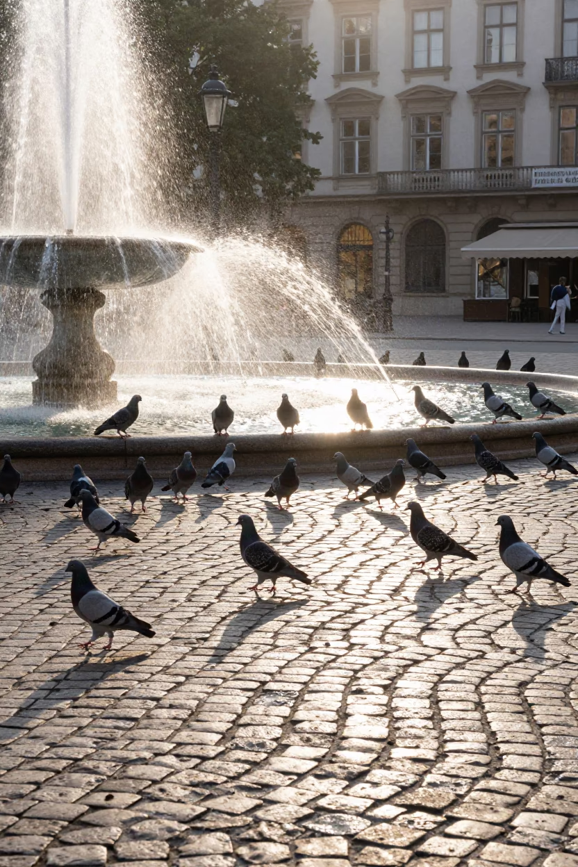 Morning light on Vienna cobblestones with pigeons and fountain spray in in Vienna, Austria