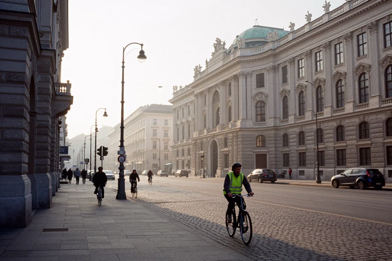 Morning Light on Vienna Ringstrasse Street Scene with Cyclists and Historic Architecture in in Vienna, Austria