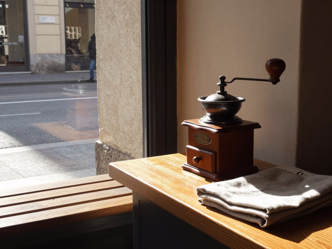 Morning light on vintage coffee grinder and fabric in Milan cafe window in in Milan, Italy