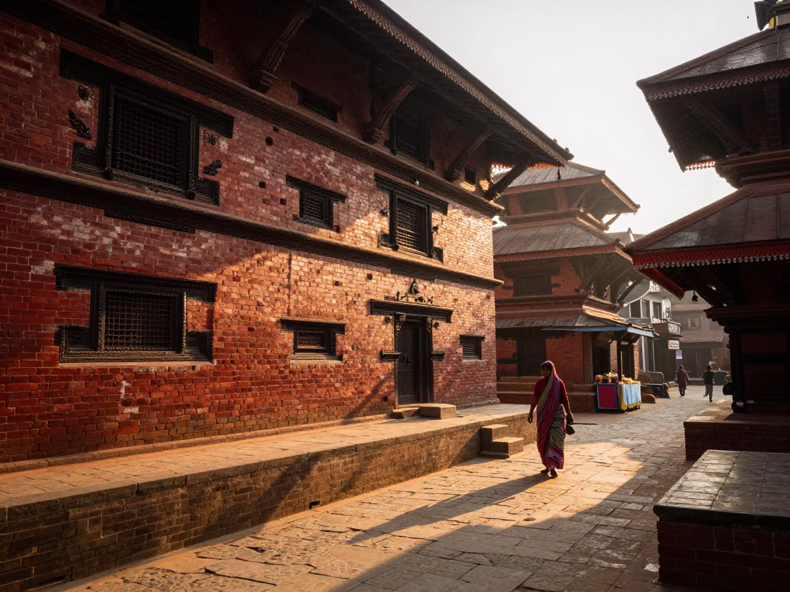 Morning light on weathered brick and stone in Kathmandu Nepal street scene in in Kathmandu, Nepal