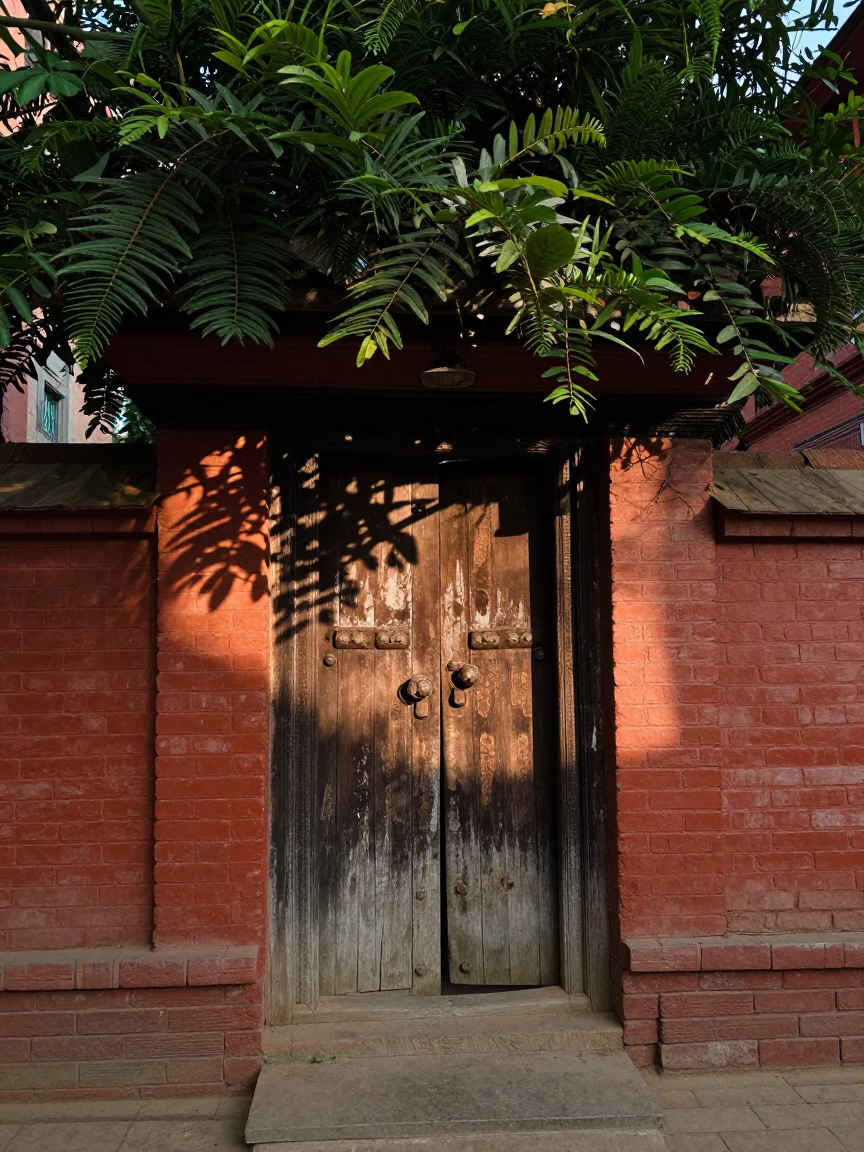 Morning Light on Weathered Wooden Door in Kathmandu Nepal with Fingerprints and Leaf Shadows in in Kathmandu, Nepal
