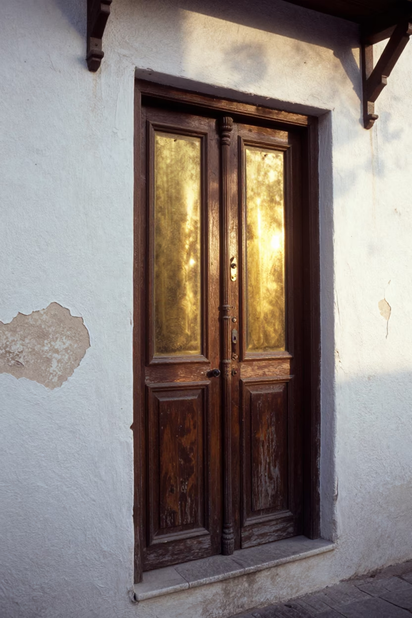 Morning light on weathered wooden door with brass fittings in historic Alexandria Egypt street in in Alexandria, Egypt