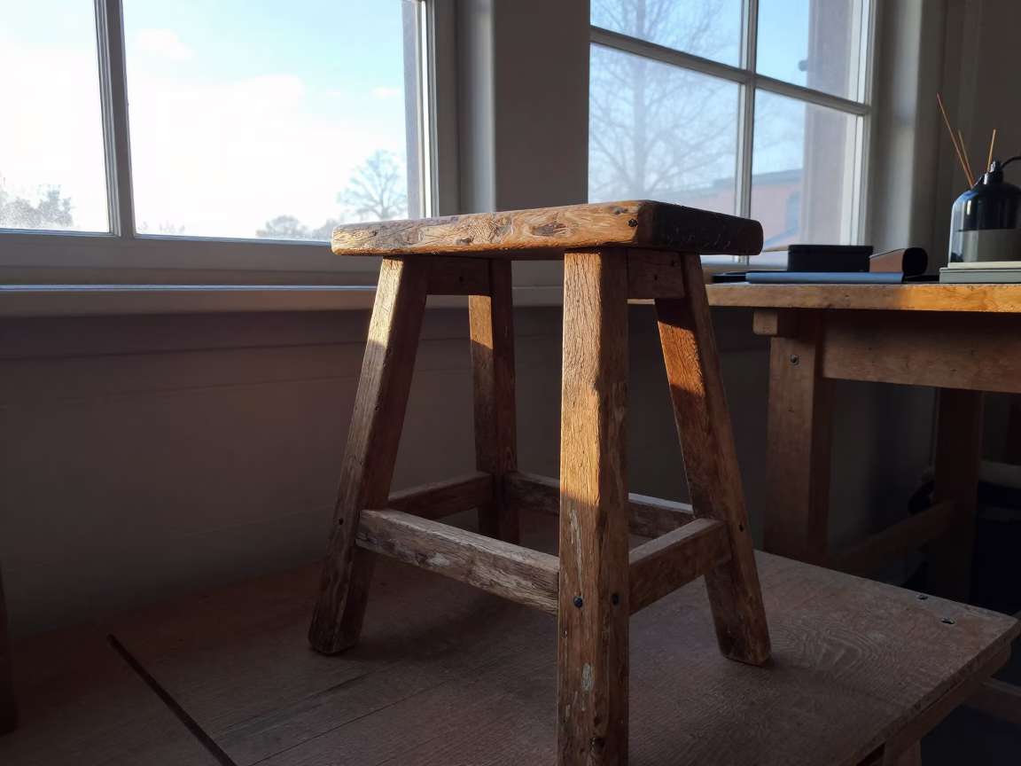 Morning Light on Weathered Wooden Work Stool in Stockholm Workshop in in Stockholm, Sweden