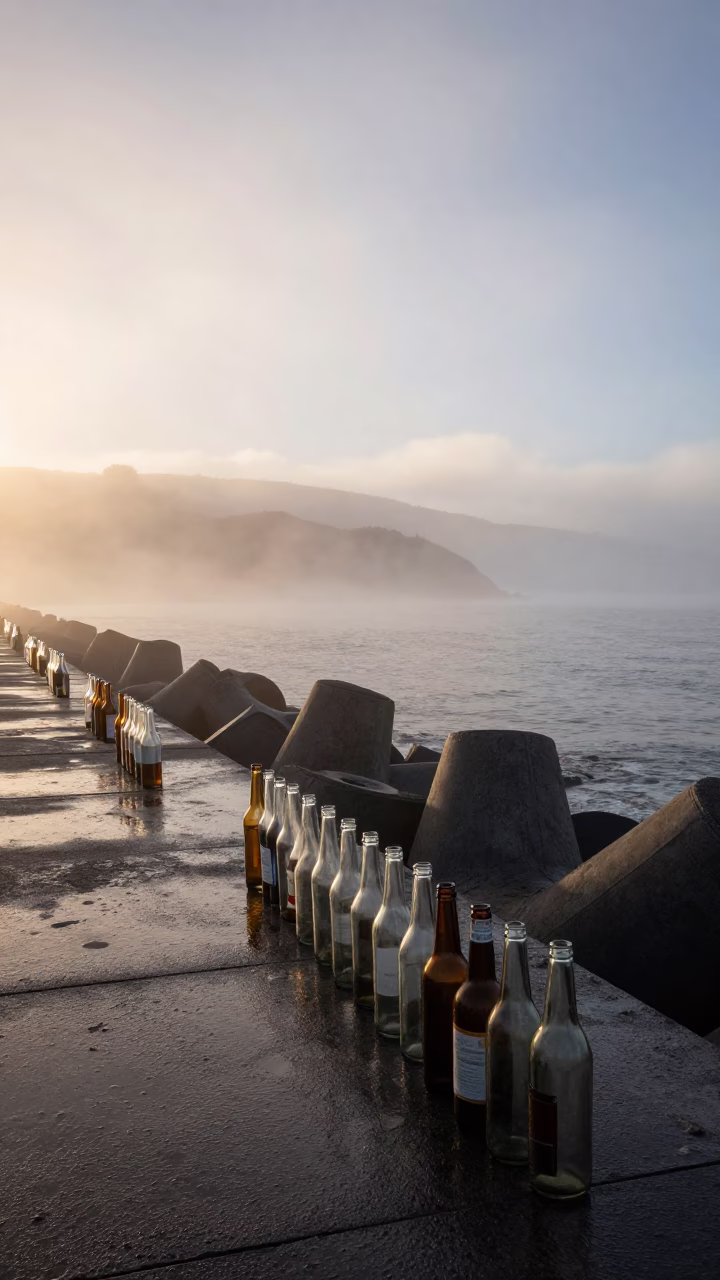 Morning Light on Wellington Breakwater with Sea Fog and Glass Bottles in in Wellington, New Zealand