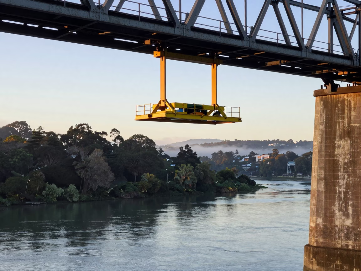 Morning Light on Wellington Bridge Maintenance Cradle Over Green Water in in Wellington, New Zealand