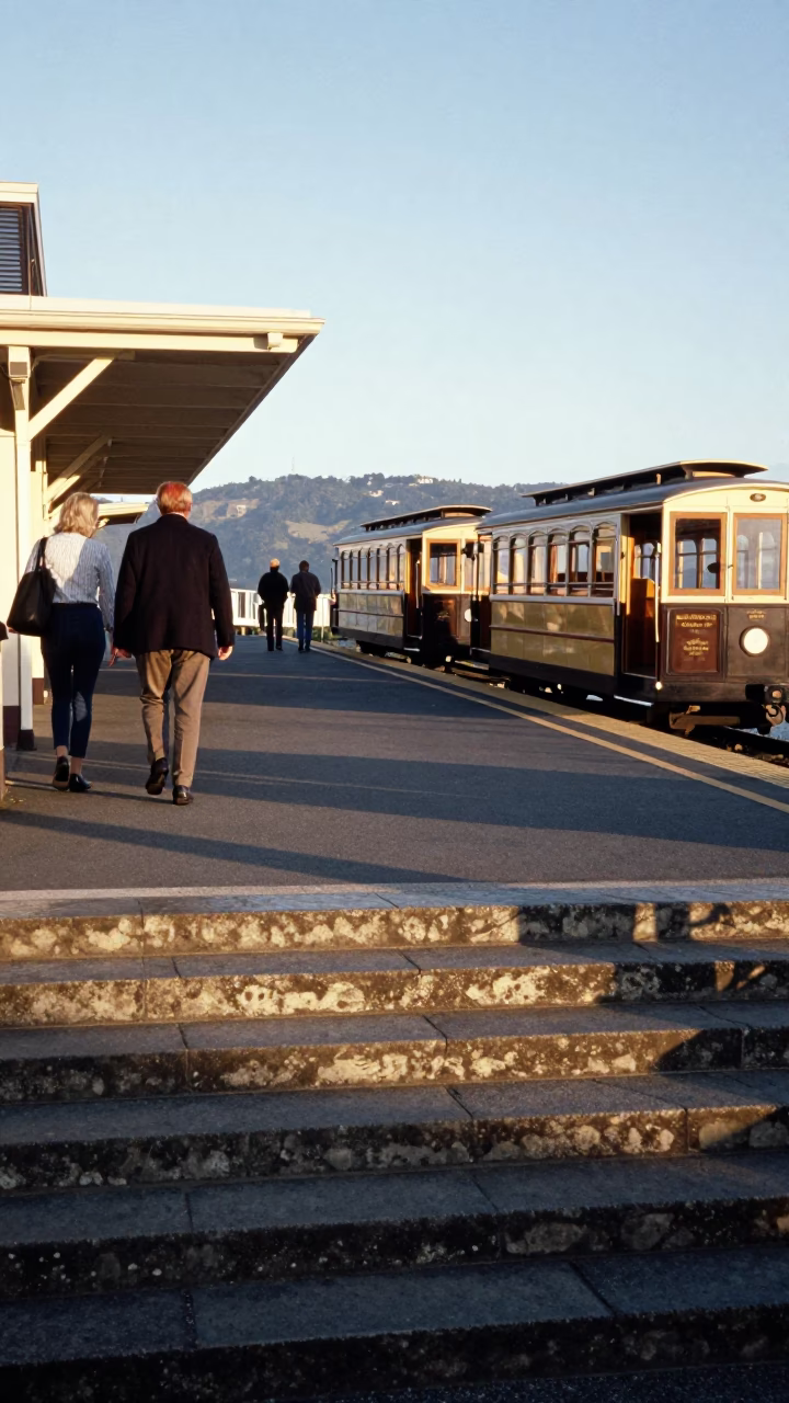 Morning light on Wellington cable car station steps with commuters and historic architecture in in Wellington, New Zealand