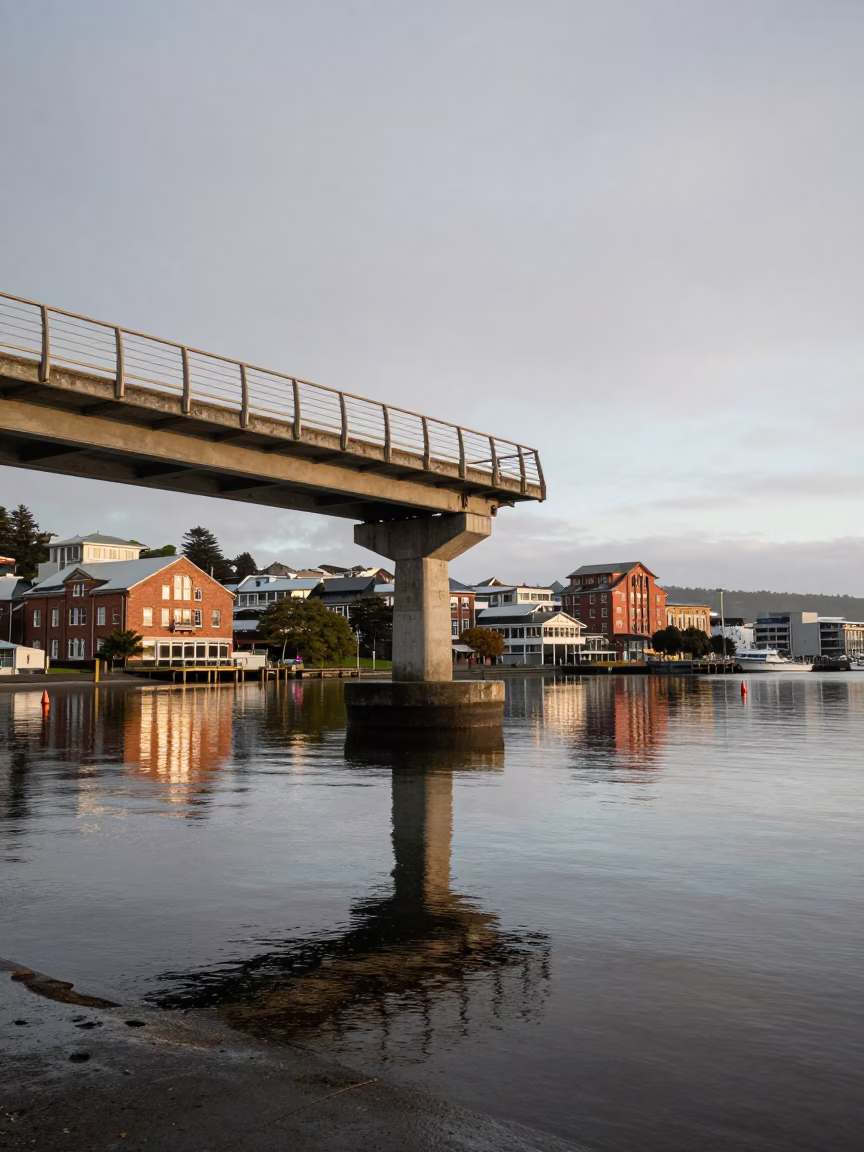 Morning light on Wellington harbor bridge pier and wet campus quad between brick buildings in in Wellington, New Zealand