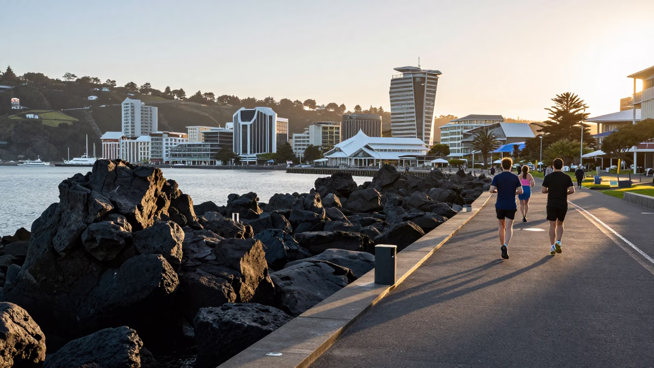 Morning Light on Wellington Harbour Promenade with Local Pedestrians and Coastal Architecture in in Wellington, New Zealand