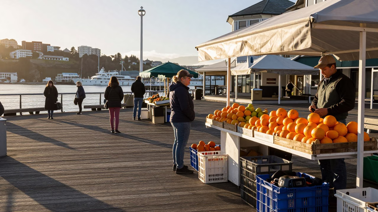 Morning Light on Wellington Quay with Fruit Stall and Local Interaction in in Wellington, New Zealand