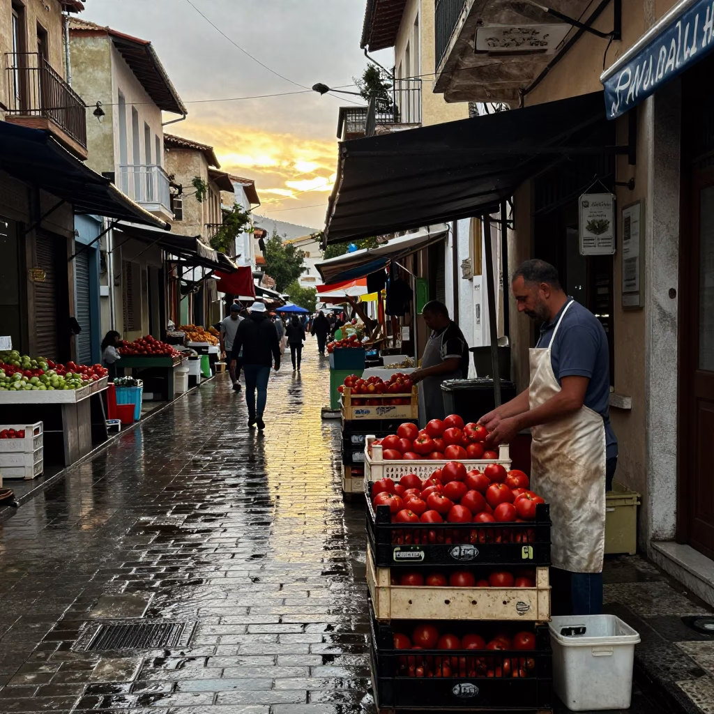 Morning light on wet Athens street after rain with local market activity in in Athens, Greece