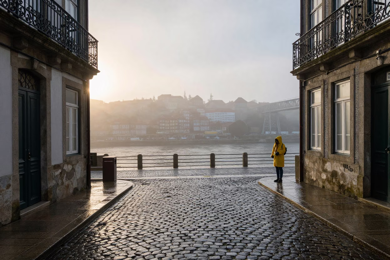 Morning Light on Wet Cobblestones in Porto Portugal After Rain in in Porto, Portugal