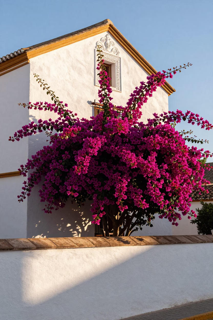 Morning light on white plaster walls with bougainvillea in Granada Spain in in Granada, Spain